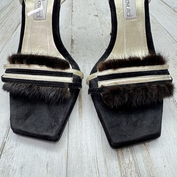Santini Mavardi Black Suede Real Fur Trim Unique Gold Heels Designer Sz 40 US 9 - Picture 3 of 13